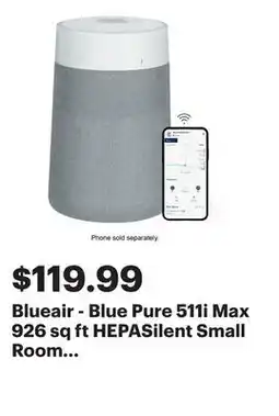 Best Buy Blueair - Blue Pure 511i Max 926 sq ft HEPASilent Small Room Bedroom Air Purifier - White/Gray offer
