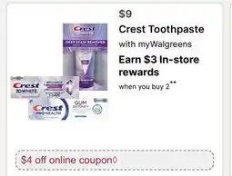 Walgreens Crest Toothpaste offer
