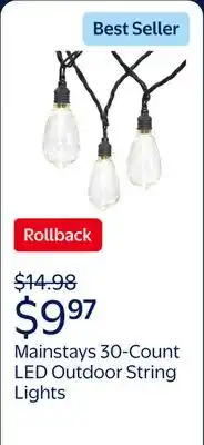 Walmart Mainstays 30-Count Warm White LED Edison Bulb Outdoor String Lights with Black Wire offer
