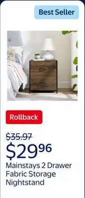Walmart Mainstays 2 Drawer Fabric Storage Nightstand, Walnut offer