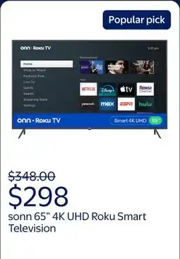 Walmart onn 65 Class 4K UHD (2160P) LED Roku Smart Television HDR (100012587) offer