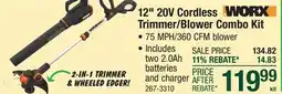 Menards WORX 12 20V Cordless WORX Trimmer/Blower Combo Kit offer