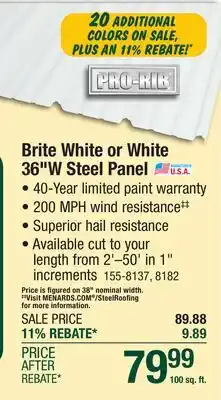 Menards PRO-RIB Brite White or White 36W Steel Panel offer