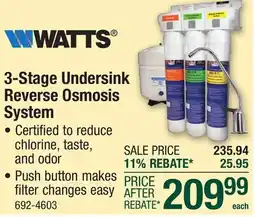 Menards Watts 3-Stage Undersink Reverse Osmosis System offer