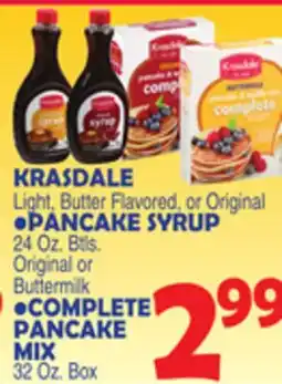 Bravo Supermarkets KRASDALE PANCAKE SYRUP, COMPLETE PANCAKE MIX 32 Oz. Box offer