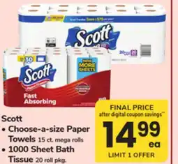 ACME Scott Choose-a-size Paper Towels 15 ct. mega rolls, 1000 Sheet Bath Tissue 20 roll pkg offer