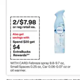 CVS Febreze spray 8.8-9.7 oz, Small Spaces 0.25 oz, Car 0.06-0.07 oz or oil warmer offer