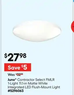 Lowe's Juno Contractor Select FMLR 1-Light 11.1-in Matte White Integrated LED Flush-Mount Light offer