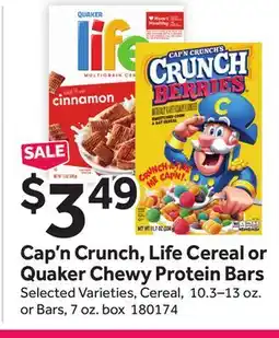 Stop&Shop Cap'n Crunch, Life Cereal or Quaker Chewy Protein Bars offer