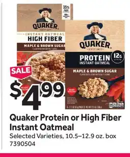 Stop&Shop Quaker Protein or High Fiber Instant Oatmeal offer