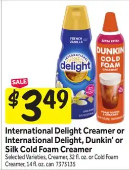 Stop&Shop International Delight Creamer or International Delight, Dunkin' or Silk Cold Foam Creamer offer