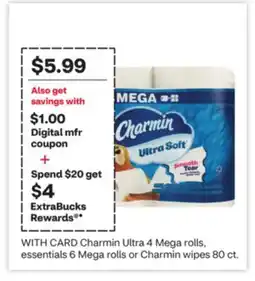 CVS Charmin Ultra 4 Mega rolls, essentials 6 Mega rolls or Charmin wipes 80 ct offer