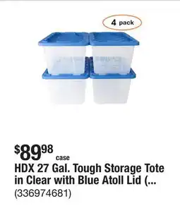 The Home Depot HDX 27 Gal. Tough Storage Tote in Clear with Blue Atoll Lid (4-Pack) offer
