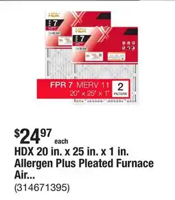 The Home Depot HDX 20 in. x 25 in. x 1 in. Allergen Plus Pleated Furnace Air Filter FPR 7, MERV 11 (2-Pack) offer