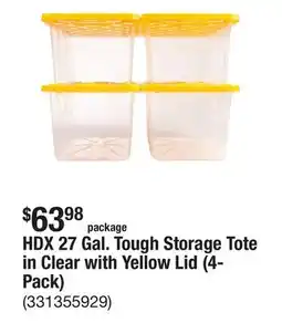 The Home Depot HDX 27 Gal. Tough Storage Tote in Clear with Yellow Lid (4-Pack) offer
