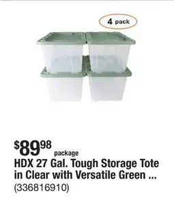The Home Depot HDX 27 Gal. Tough Storage Tote in Clear with Versatile Green Lid (4-Pack) offer