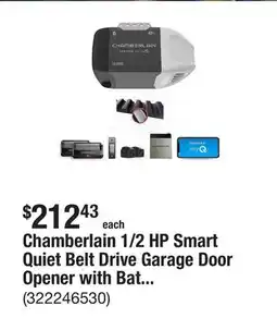 The Home Depot Chamberlain 1/2 HP Smart Quiet Belt Drive Garage Door Opener with Battery Backup offer