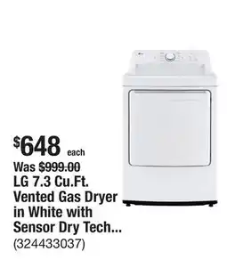 The Home Depot LG 7.3 Cu.Ft. Vented Gas Dryer in White with Sensor Dry Technology offer