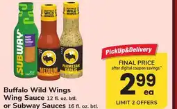 ACME Buffalo Wild Wings Wing Sauce 12 fl. oz. btl. or Subway Sauces 16 fl. oz. btl offer
