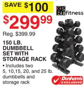 Dunham's Sports 150 LB. DUMBBELL SET WITH STORAGE RACK offer