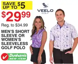 Dunham's Sports VEELO GOLF MEN'S SHORT SLEEVE OR WOMEN'S SLEEVELESS GOLF POLO offer