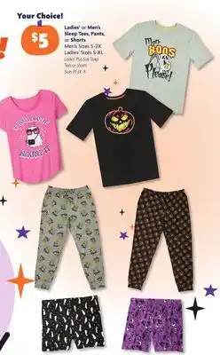 Family Dollar Ladies' or Men's Sleep Tees, Pants, or Shorts offer