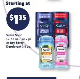 Family Dollar Suave Solid 1.2-2.7 oz., 1 or 2 pk. or Dry Spray Deodorant 3.8 oz offer