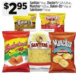 Dollar General Santitas 11 oz., Chester's 3.25-5.25 oz., Munchos 4.25 oz., Baken-Ets 4 oz. or Sabritones 3-6 oz offer