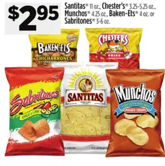 Dollar General Santitas 11 oz., Chester's 3.25-5.25 oz., Munchos 4.25 oz., Baken-Ets 4 oz. or Sabritones 3-6 oz offer