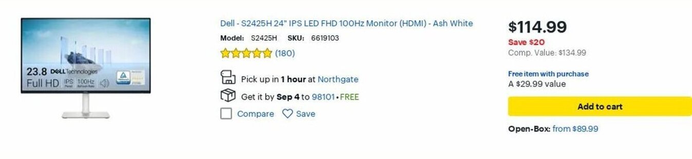 Best Buy Dell -S2425H 24" IPS LED FHD 100Hz Monitor (HDMI) - Ash White offer