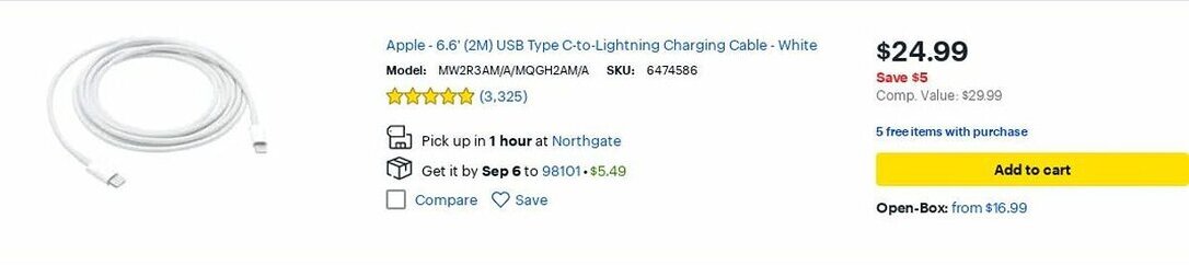 Best Buy Apple - 6.6' (2M) USB Type C-to-Lightning Charging Cable - White offer
