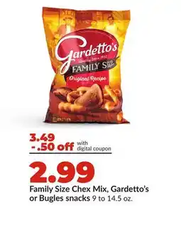 Hy-Vee Family Size Chex Mix, Gardetto's or Bugles snacks offer