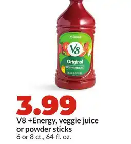 Hy-Vee V8 + Energy, veggie juice or powder sticks offer