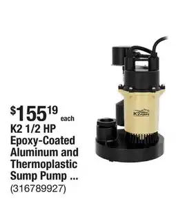 The Home Depot K2 1/2 HP Epoxy-Coated Aluminum and Thermoplastic Sump Pump with Vertical Switch offer