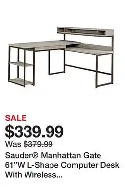 Office Depot Sauder Manhattan Gate 61W L-Shape Computer Desk With Wireless Charger, Mystic Oak offer