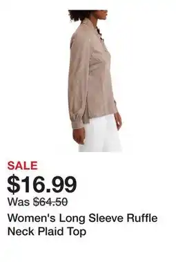 Belk Women's Long Sleeve Ruffle Neck Plaid Top offer