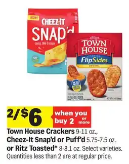 Meijer Town House Crackers 9-11 oz., Cheez-It Snap'd or Puff'd 5.75-7.5 oz. or Ritz Toasted* 8-8.1 oz offer
