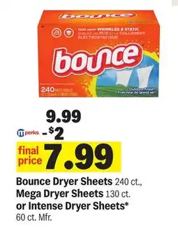 Meijer Bounce Dryer Sheets 240 ct., Mega Dryer Sheets 130 ct. or Intense Dryer Sheets offer