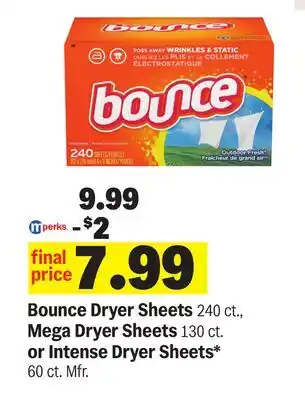 Meijer Bounce Dryer Sheets 240 ct., Mega Dryer Sheets 130 ct. or Intense Dryer Sheets offer