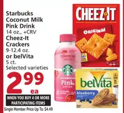 Albertsons Starbucks Coconut Milk Pink Drink 14 oz., + CRV Cheez-It Crackers 9-12.4 oz. or belVita 5 ct offer