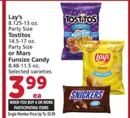 Albertsons Lay's 8.125-13 oz. Party Size Tostitos 14.5-17 oz. Party Size or Mars Funsize Candy 8.48-11.5 oz offer