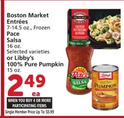 Albertsons Boston Market Entrées 7-14.5 oz., Frozen Pace Salsa 16 oz. or Libby's 100% Pure Pumpkin 15 oz offer