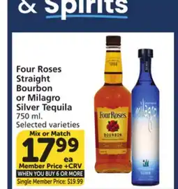 Albertsons Four Roses Straight Bourbon or Milagro Silver Tequila offer