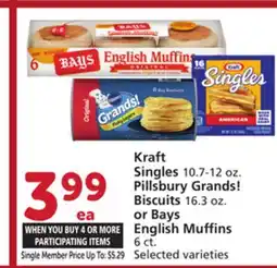 Albertsons Kraft Singles 10.7-12 oz. Pillsbury Grands! Biscuits 16.3 oz. or Bays English Muffins 6 ct offer