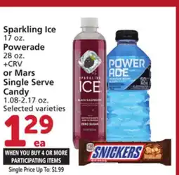Albertsons Sparkling Ice 17 oz. Powerade 28 oz. + CRV or Mars Single Serve Candy 1.08-2.17 oz offer