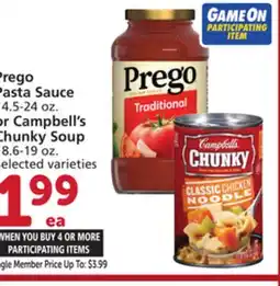 Albertsons Prego Pasta Sauce 14.5-24 oz. or Campbell's Chunky Soup 18.6-19 oz offer