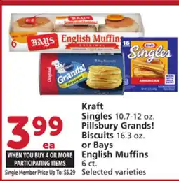 Vons Kraft Singles 10.7-12 oz. Pillsbury Grands! Biscuits 16.3 oz. or Bays English Muffins 6 ct offer
