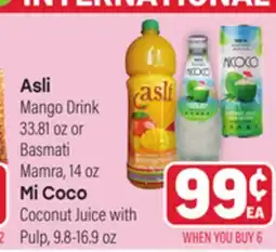 Tony’s Fresh Market Asli Mango Drink 33.81 oz or Basmati Mamra, 14oz Mi Coco Coconut Juice with Pulp, 9.8-16.9oz offer