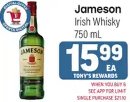 Tony’s Fresh Market Jameson Irish Whisky offer