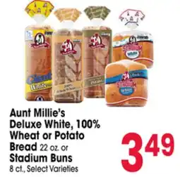 Jewel-Osco Aunt Millie's Deluxe White, 100% Wheat or Potato Bread 22 oz. or Stadium Buns 8 ct offer